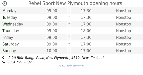 Rebel Sport New Plymouth opening hours (2019 update)